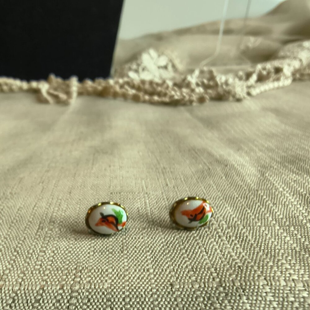 Vintage Gold Tone Hand Painted Glass Cardinal Earrings